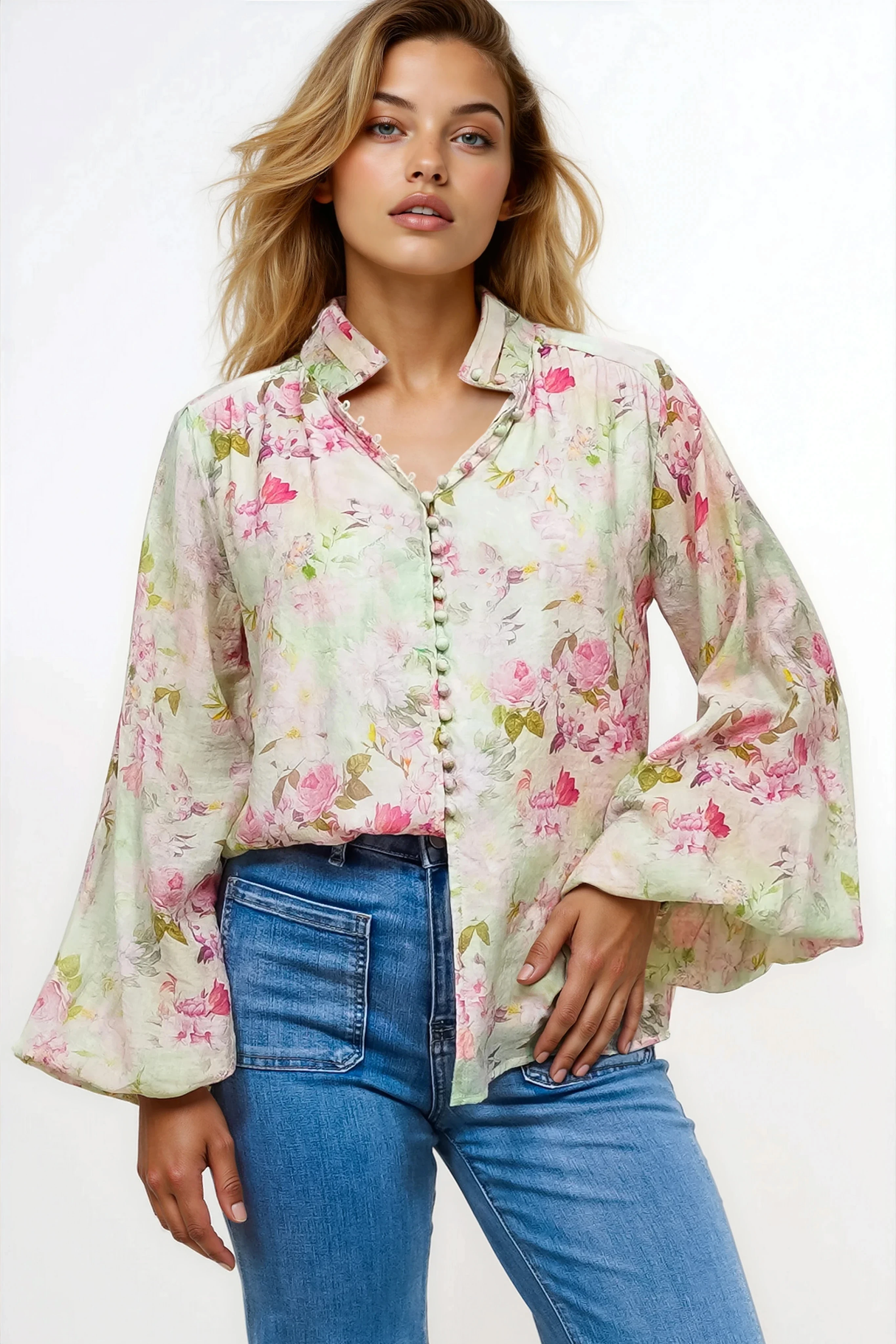 Faye Blouse - Mandarin Collar Balloon Sleeve Button Down Shirt in Rosemarie Print