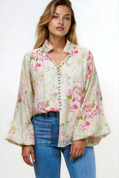 Faye Blouse - Mandarin Collar Balloon Sleeve Button Down Shirt in Rosemarie Print