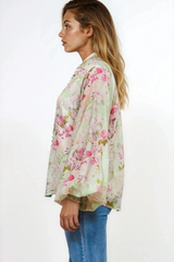 Faye Blouse - Mandarin Collar Balloon Sleeve Button Down Shirt in Rosemarie Print