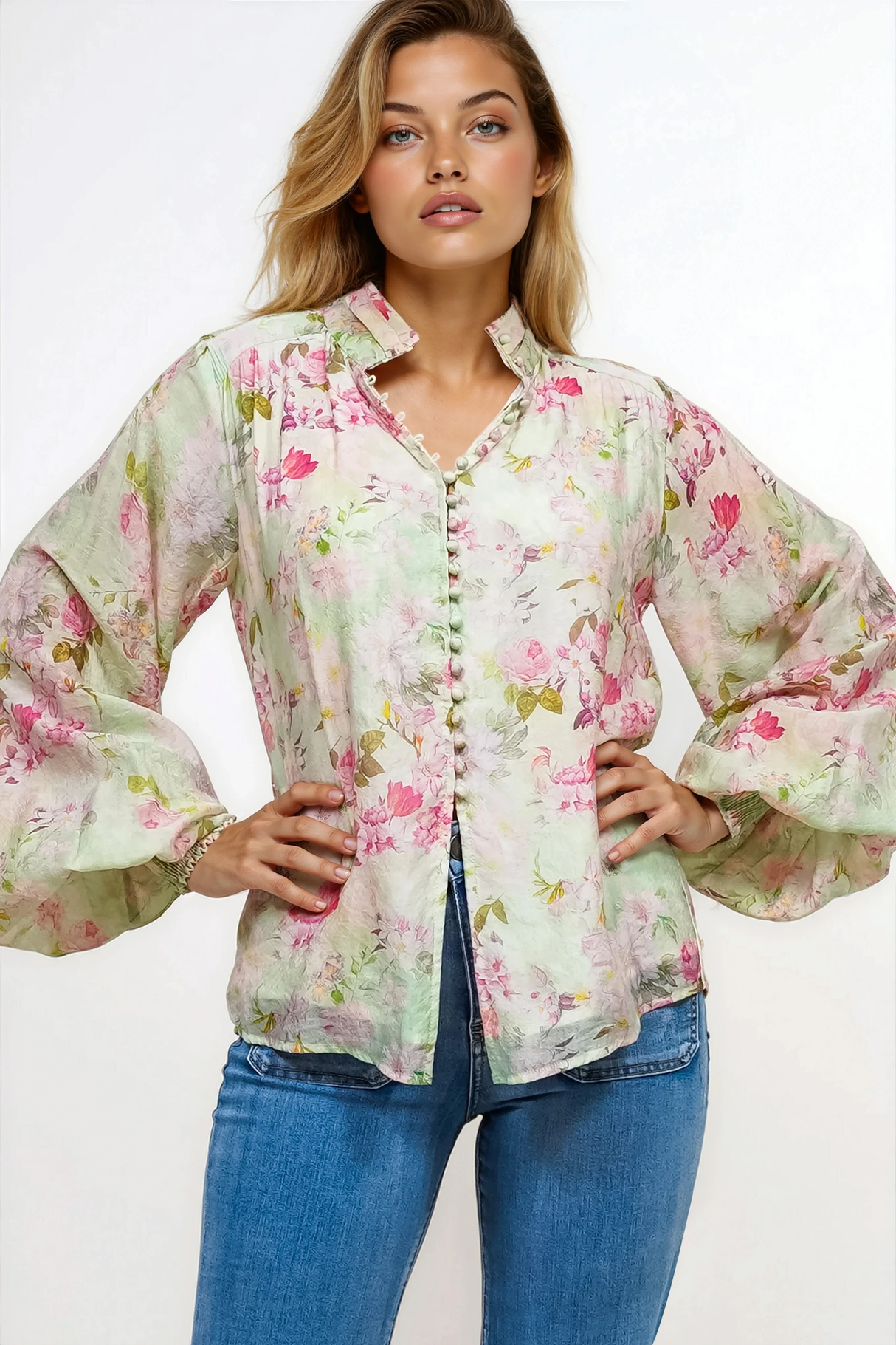 Faye Blouse - Mandarin Collar Balloon Sleeve Button Down Shirt in Rosemarie Print