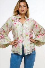 Faye Blouse - Mandarin Collar Balloon Sleeve Button Down Shirt in Rosemarie Print