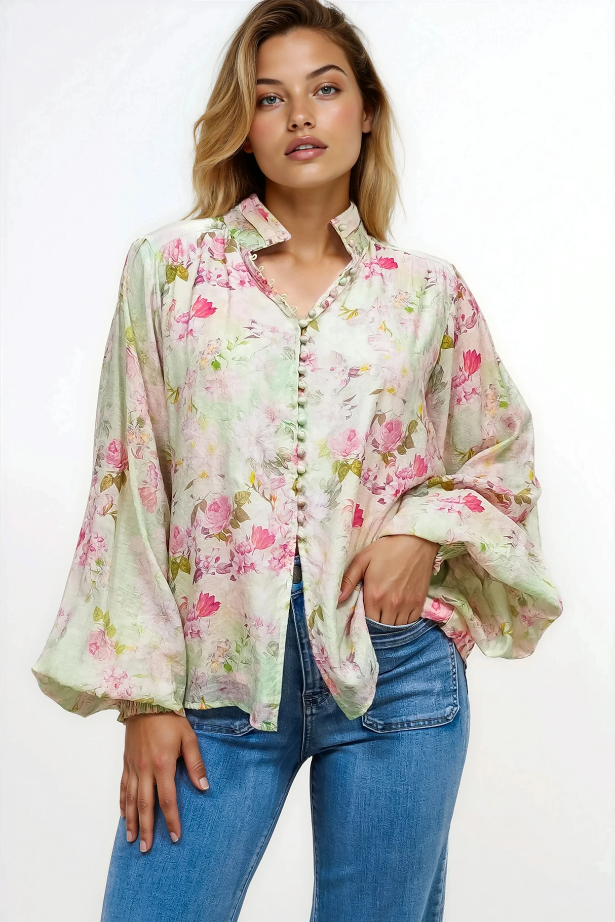 Faye Blouse - Mandarin Collar Balloon Sleeve Button Down Shirt in Rosemarie Print