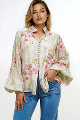 Faye Blouse - Mandarin Collar Balloon Sleeve Button Down Shirt in Rosemarie Print