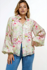 Faye Blouse - Mandarin Collar Balloon Sleeve Button Down Shirt in Rosemarie Print