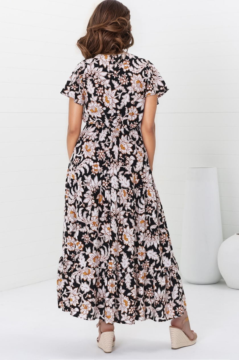 Hanna Maxi Dress - Cap Sleeve Tiered A Line Dress with Toggle Detailed Waist Tie in Torah Print