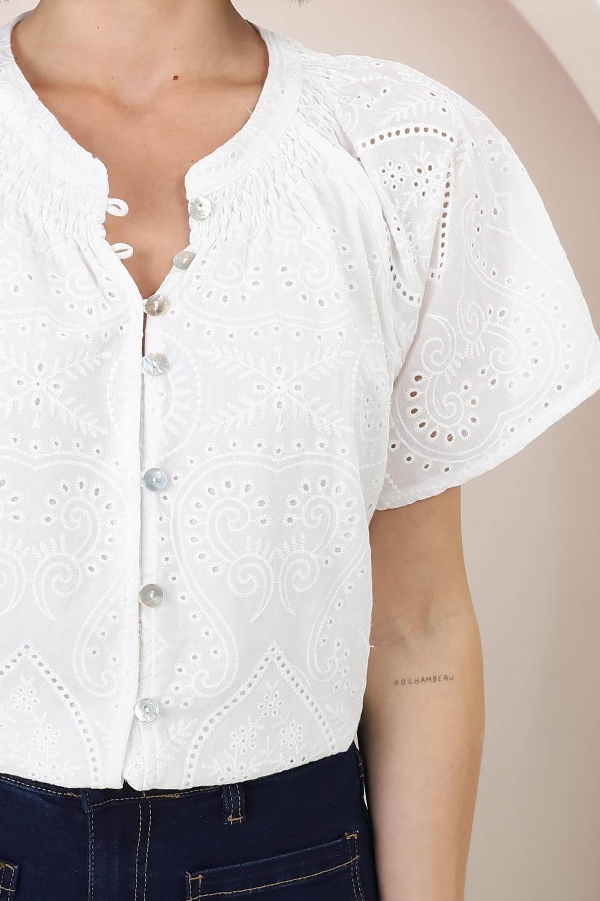 Felicity Blouse - Mandarin Collar Button-Down Embroidered Blouse in White