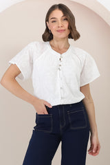 Felicity Blouse - Mandarin Collar Button-Down Embroidered Blouse in White