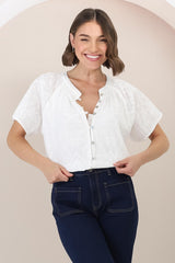 Felicity Blouse - Mandarin Collar Button-Down Embroidered Blouse in White