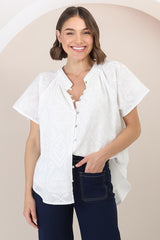 Felicity Blouse - Mandarin Collar Button-Down Embroidered Blouse in White