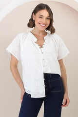 Felicity Blouse - Mandarin Collar Button-Down Embroidered Blouse in White