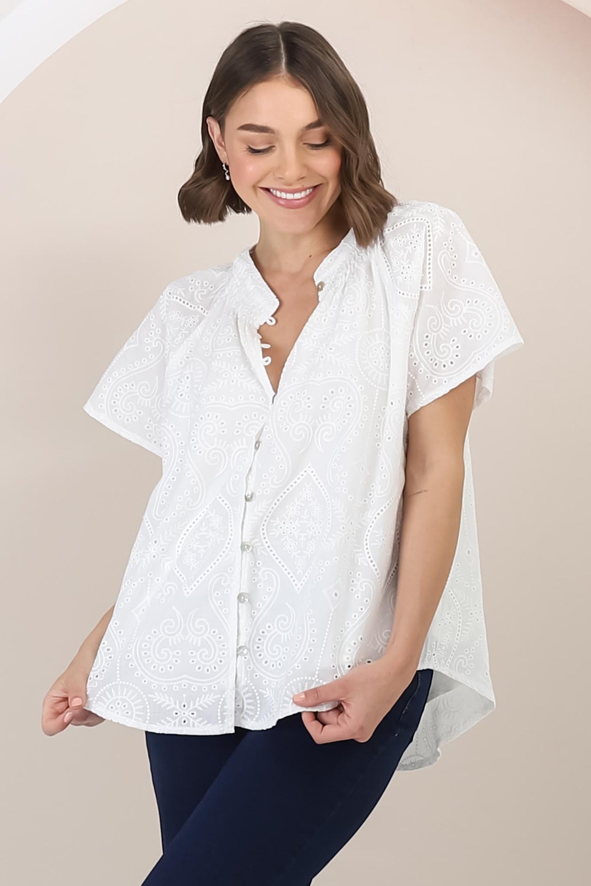 Felicity Blouse - Mandarin Collar Button-Down Embroidered Blouse in White