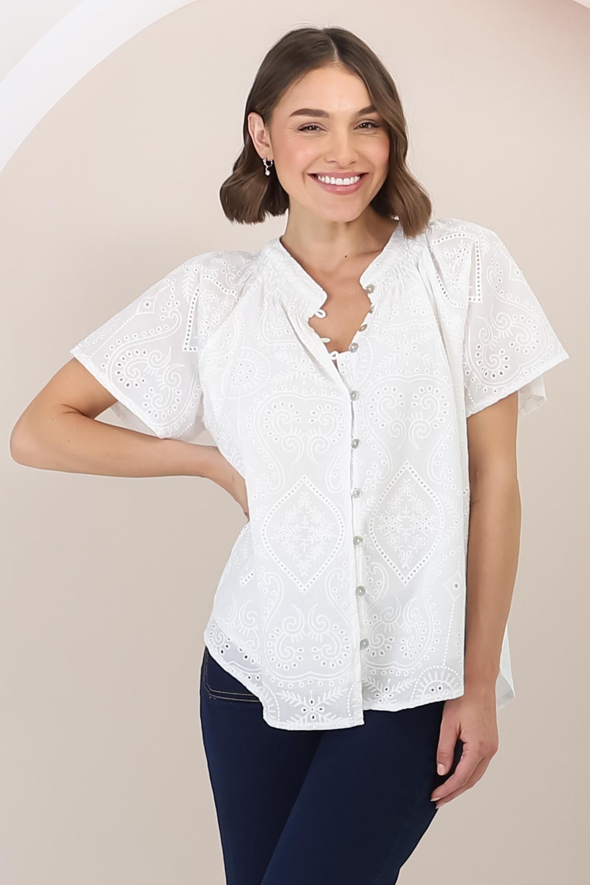 Felicity Blouse - Mandarin Collar Button-Down Embroidered Blouse in White