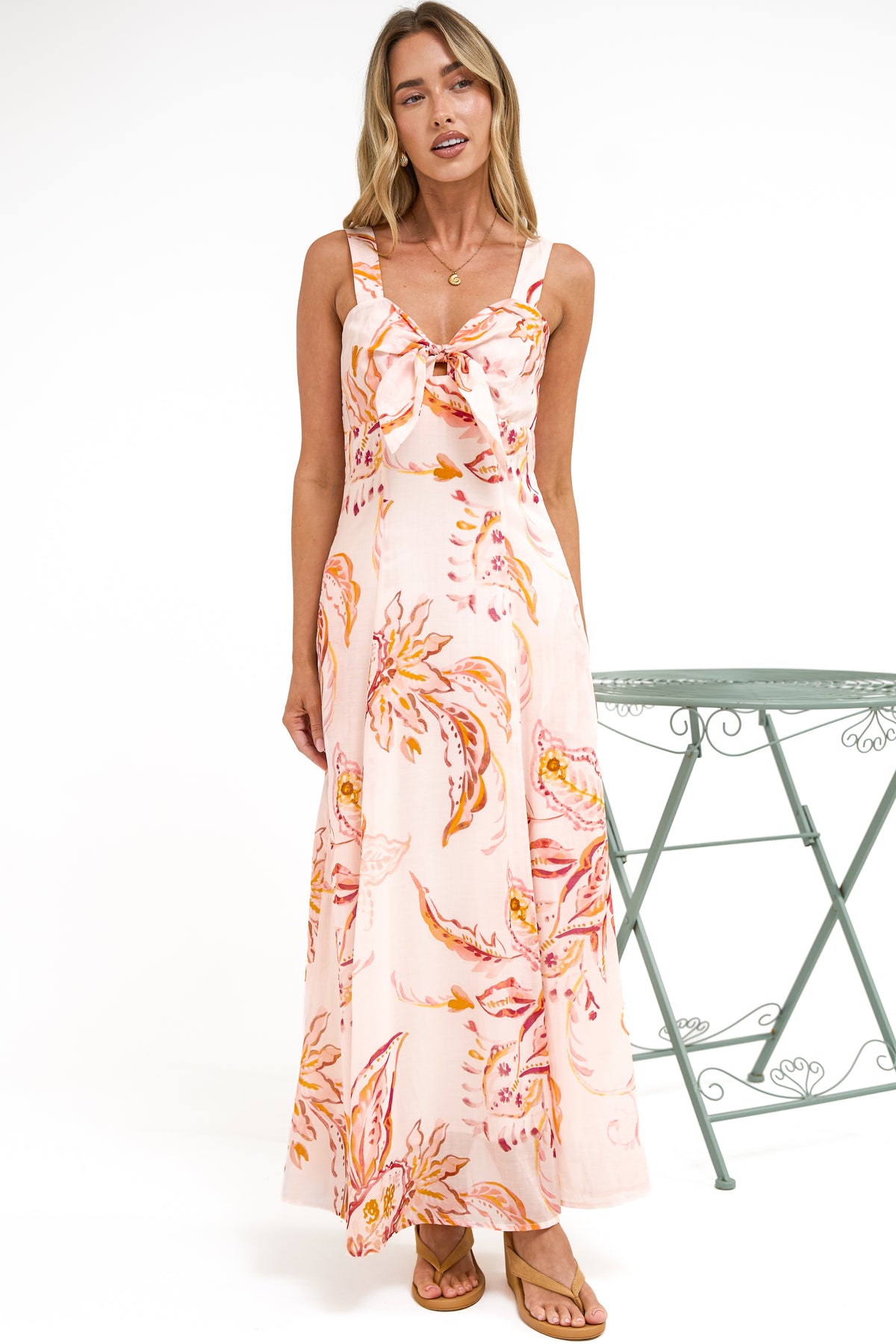 Fern Maxi Dress - Sweetheart Front Tie Bodice A-Line Dress with Pockets in Tithonia Print