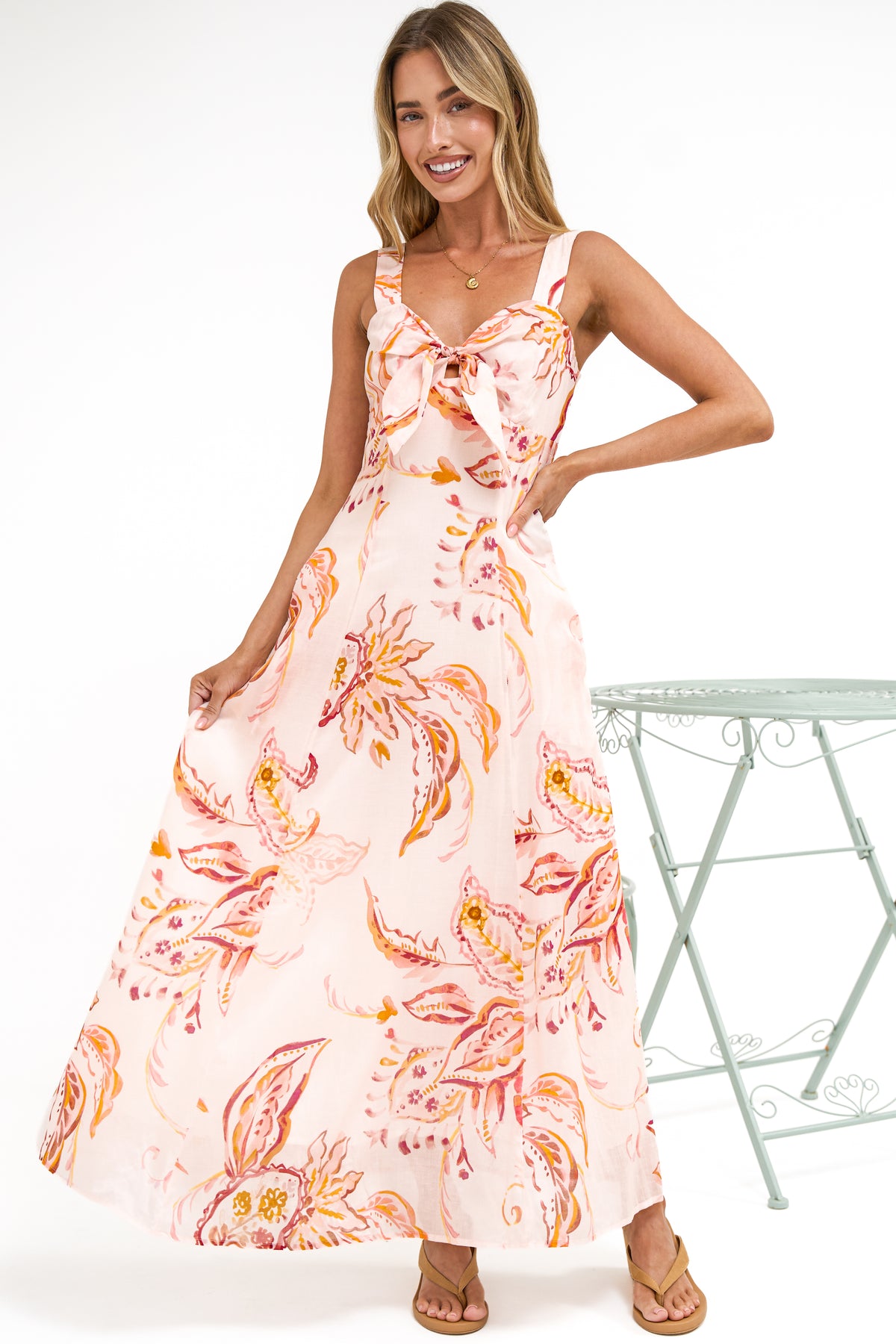 Fern Maxi Dress - Sweetheart Front Tie Bodice A-Line Dress with Pockets in Tithonia Print