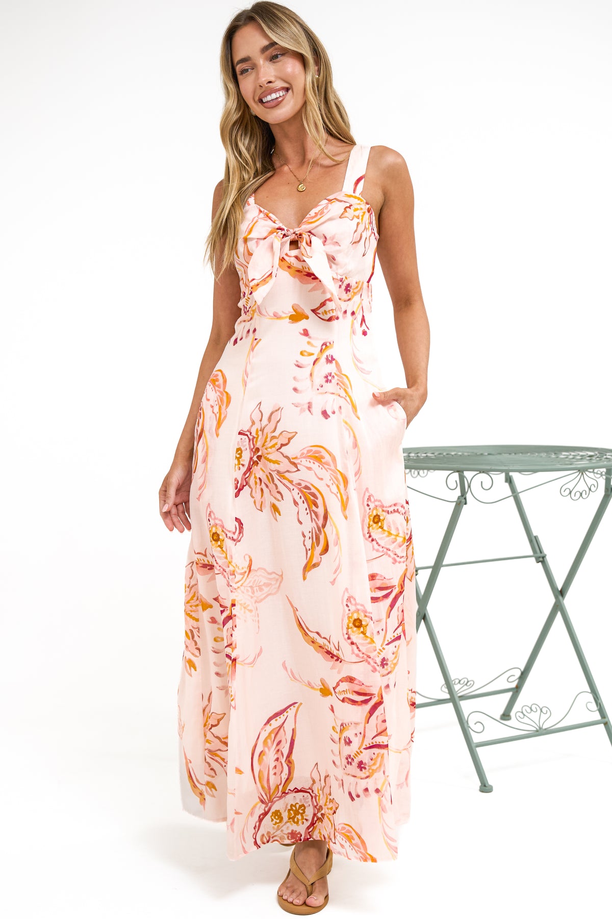 Fern Maxi Dress - Sweetheart Front Tie Bodice A-Line Dress with Pockets in Tithonia Print