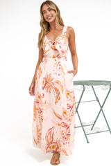 Fern Maxi Dress - Sweetheart Front Tie Bodice A-Line Dress with Pockets in Tithonia Print