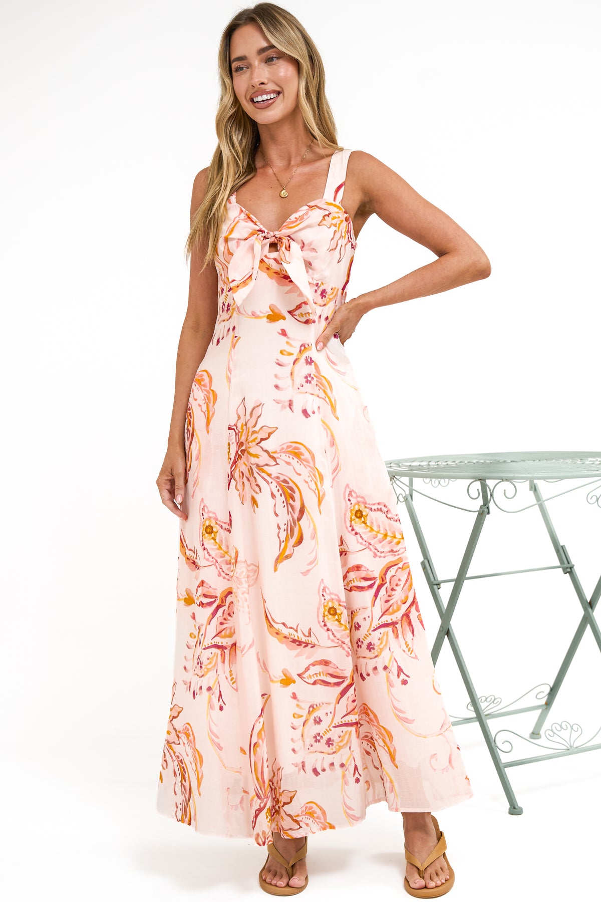 Fern Maxi Dress - Sweetheart Front Tie Bodice A-Line Dress with Pockets in Tithonia Print