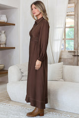 Ferris Midi Dress - Collared Button Bodice A-Line Dress with Long Sleeves in Chocolate