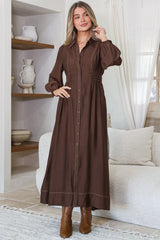 Ferris Midi Dress - Collared Button Bodice A-Line Dress with Long Sleeves in Chocolate