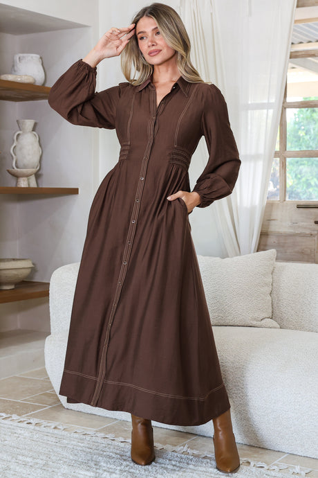 Model wearing Ferris Midi Dress in Chocolate from Salty Crush