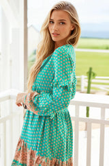 JAASE - Fey Mini Dress: V-Neck Long Sleeve Mini Dress in Jade Print