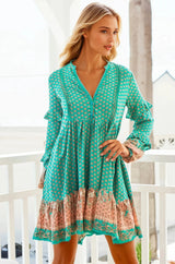 JAASE - Fey Mini Dress: V-Neck Long Sleeve Mini Dress in Jade Print