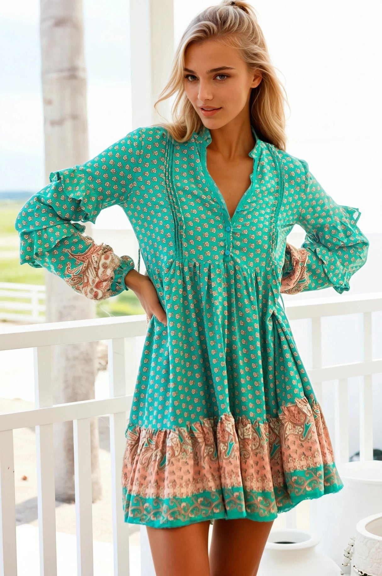 JAASE - Fey Mini Dress: V-Neck Long Sleeve Mini Dress in Jade Print