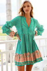 JAASE - Fey Mini Dress: V-Neck Long Sleeve Mini Dress in Jade Print