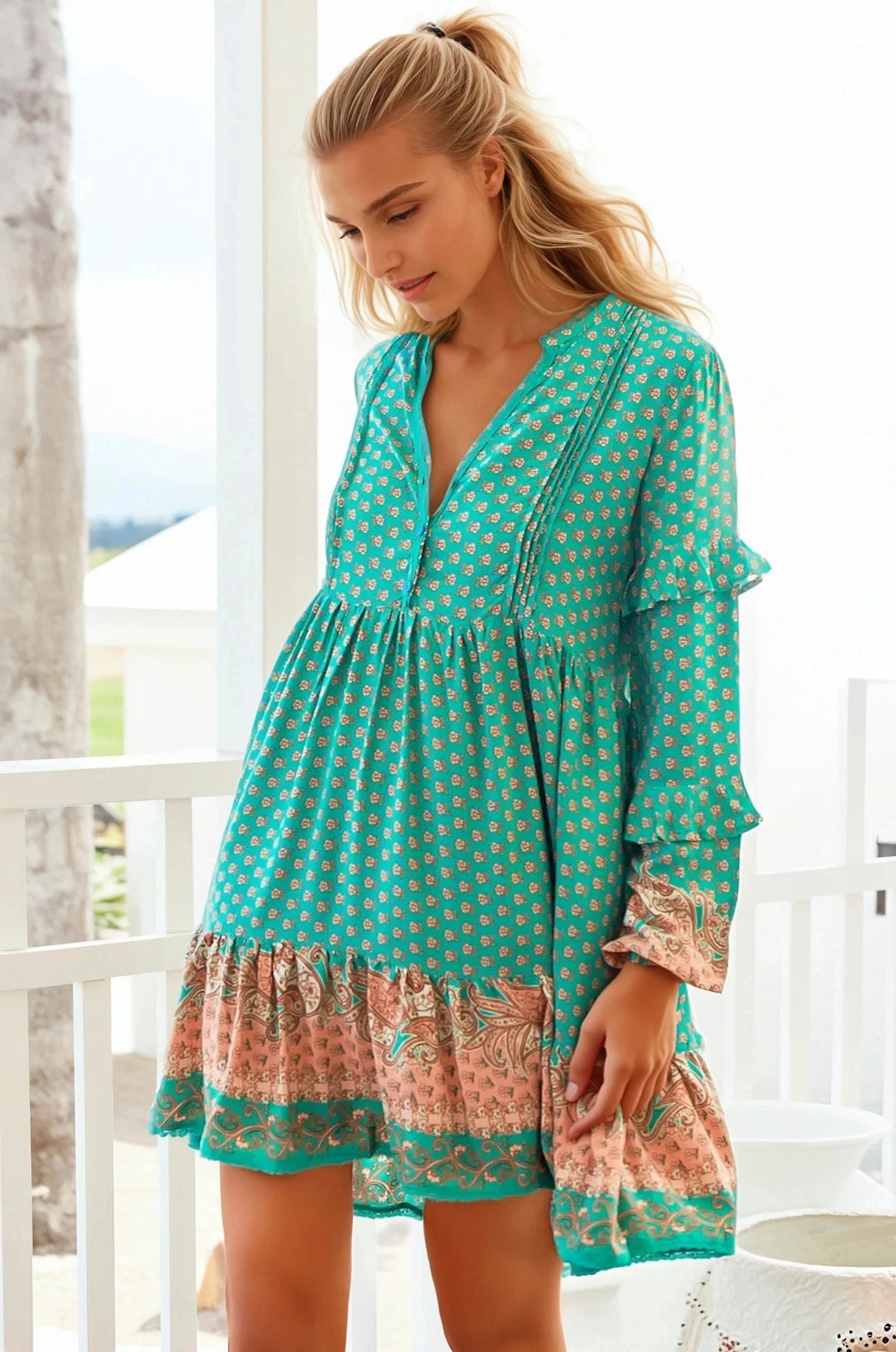 JAASE - Fey Mini Dress: V-Neck Long Sleeve Mini Dress in Jade Print