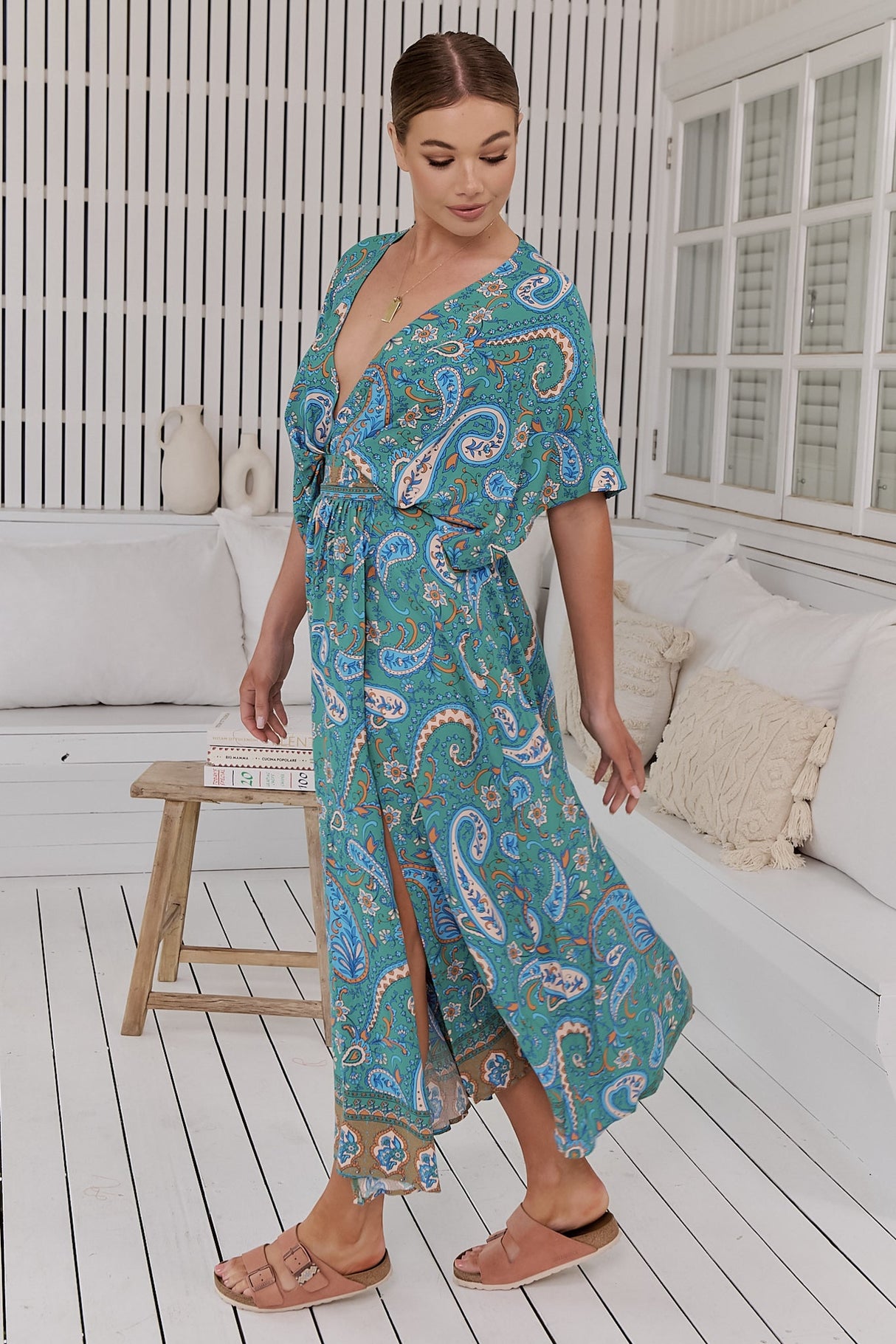 JAASE - Fields Maxi Dress: Deep V Neck A Line Dress with Front Split in Ventura Print