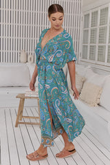 JAASE - Fields Maxi Dress: Deep V Neck A Line Dress with Front Split in Ventura Print