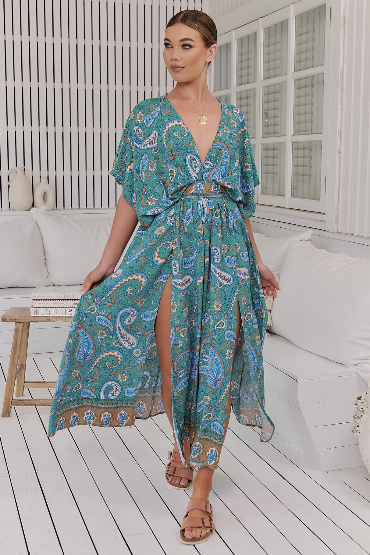 JAASE - Fields Maxi Dress: Deep V Neck A Line Dress with Front Split in Ventura Print