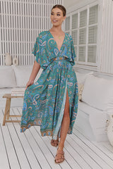 JAASE - Fields Maxi Dress: Deep V Neck A Line Dress with Front Split in Ventura Print