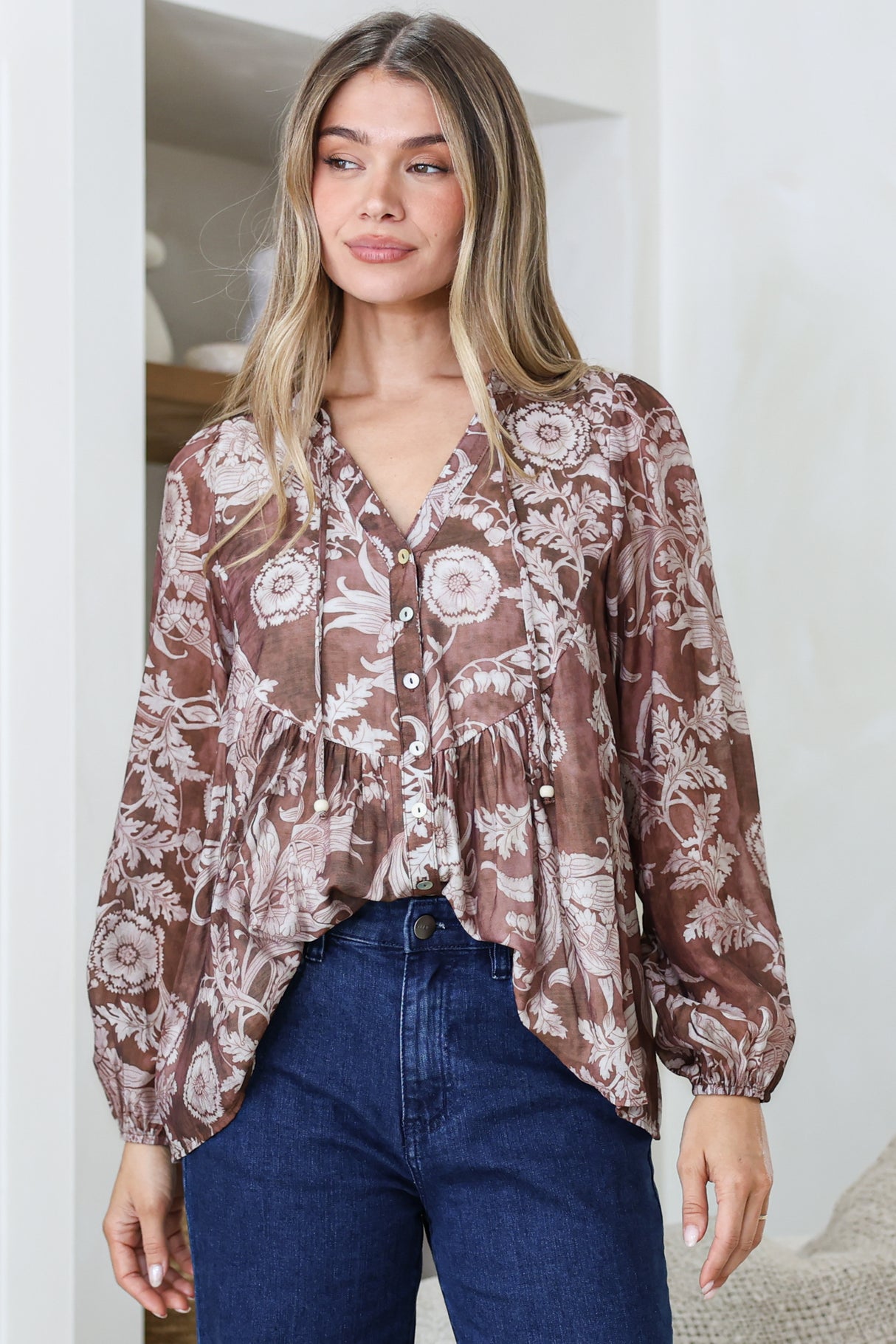 Fiero Blouse - Mandarin Collar Yoke Bust Button Down with Long Sleeves in Pim Print Chocolate