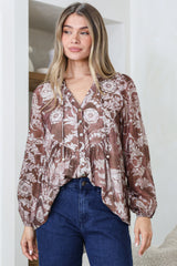 Fiero Blouse - Mandarin Collar Yoke Bust Button Down with Long Sleeves in Pim Print Chocolate