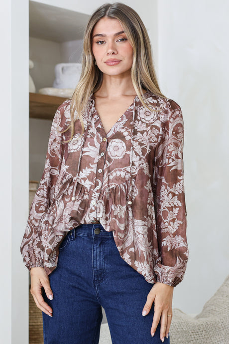 Model wearing Fiero Blouse in Pim Print Chocolate from Salty Crush