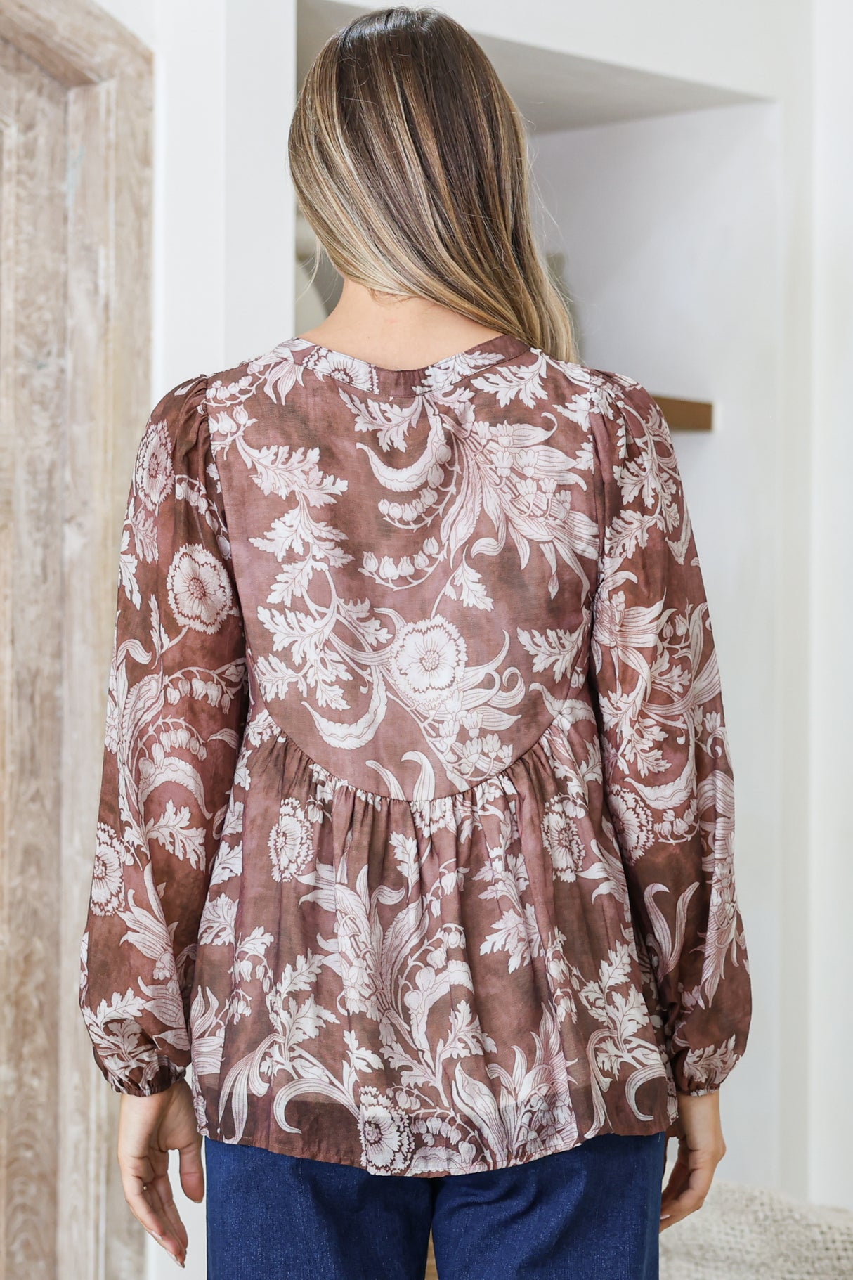 Fiero Blouse - Mandarin Collar Yoke Bust Button Down with Long Sleeves in Pim Print Chocolate