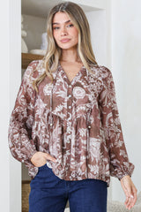 Fiero Blouse - Mandarin Collar Yoke Bust Button Down with Long Sleeves in Pim Print Chocolate
