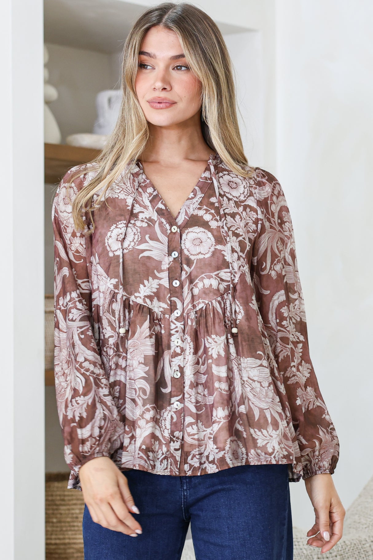 Fiero Blouse - Mandarin Collar Yoke Bust Button Down with Long Sleeves in Pim Print Chocolate