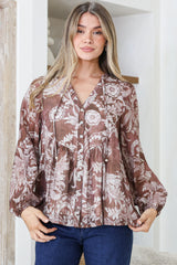 Fiero Blouse - Mandarin Collar Yoke Bust Button Down with Long Sleeves in Pim Print Chocolate