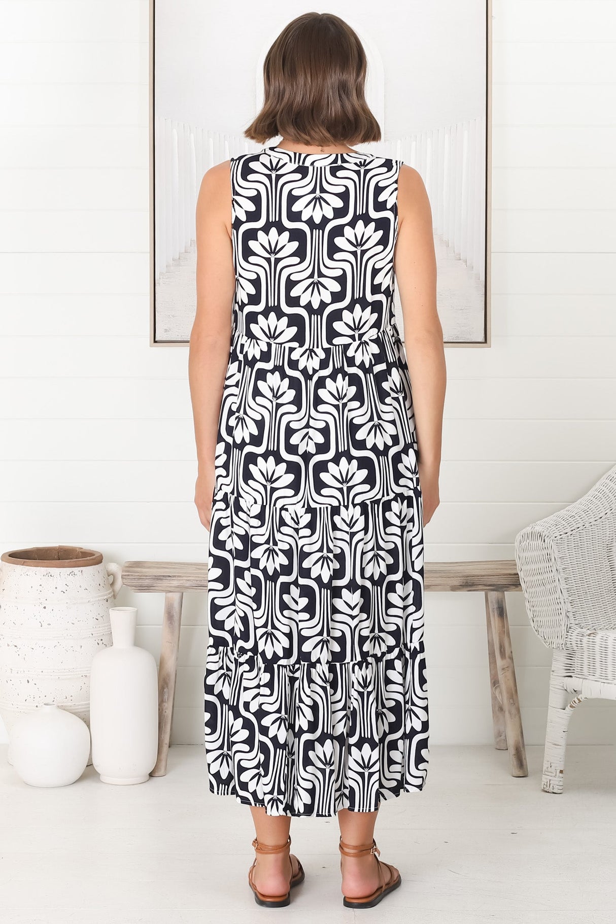 Fifi Midi Dress - Mandarin Collar Sleeveless Button Down Dress in Luvira Print Navy