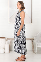 Fifi Midi Dress - Mandarin Collar Sleeveless Button Down Dress in Luvira Print Navy