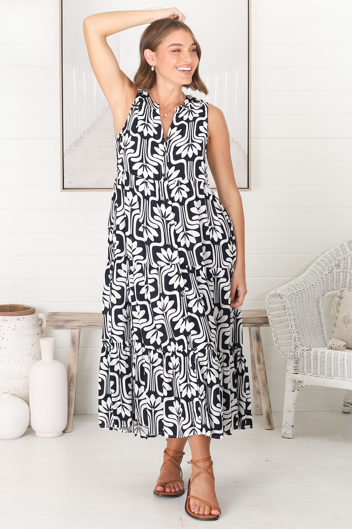 Fifi Midi Dress - Mandarin Collar Sleeveless Button Down Dress in Luvira Print Navy