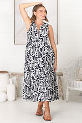 Fifi Midi Dress - Mandarin Collar Sleeveless Button Down Dress in Luvira Print Navy