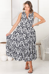 Fifi Midi Dress - Mandarin Collar Sleeveless Button Down Dress in Luvira Print Navy