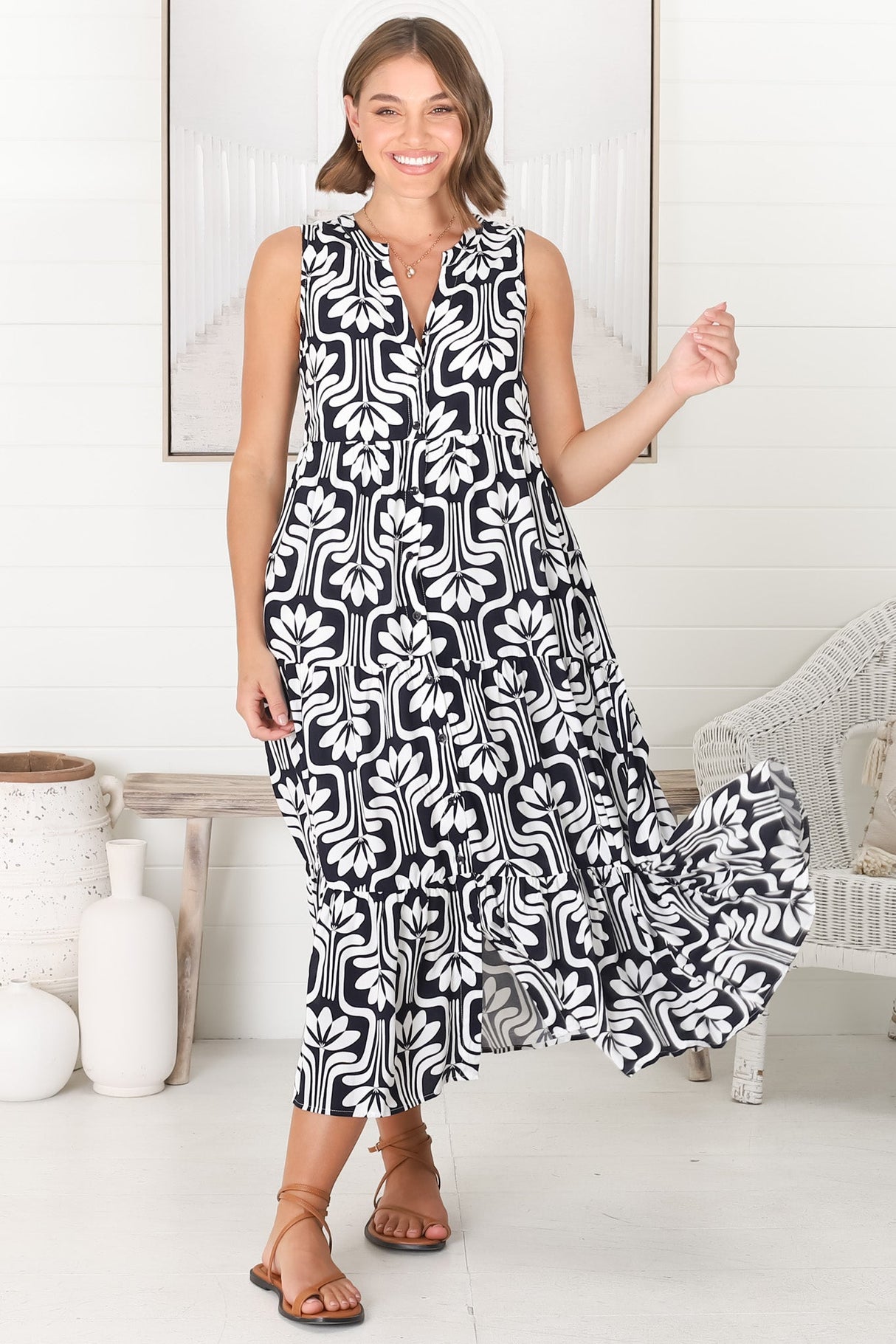 Fifi Midi Dress - Mandarin Collar Sleeveless Button Down Dress in Luvira Print Navy