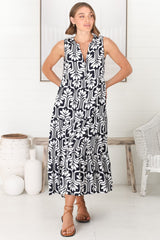 Fifi Midi Dress - Mandarin Collar Sleeveless Button Down Dress in Luvira Print Navy