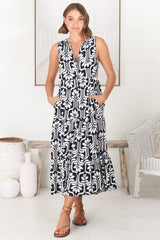 Fifi Midi Dress - Mandarin Collar Sleeveless Button Down Dress in Luvira Print Navy