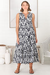 Fifi Midi Dress - Mandarin Collar Sleeveless Button Down Dress in Luvira Print Navy