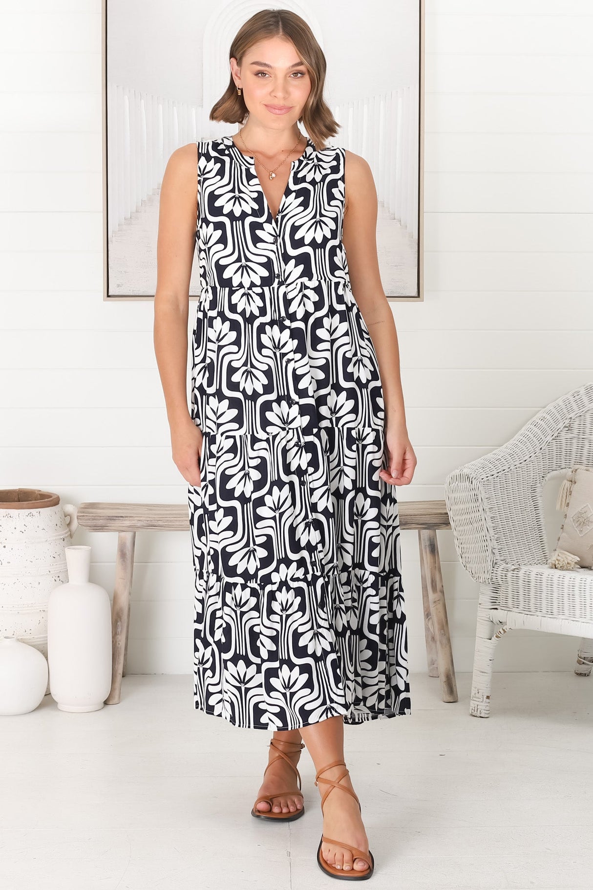 Fifi Midi Dress - Mandarin Collar Sleeveless Button Down Dress in Luvira Print Navy